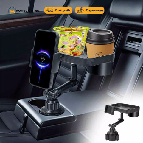 DriveMate 360® Bandeja con portavasos y holder de celular.