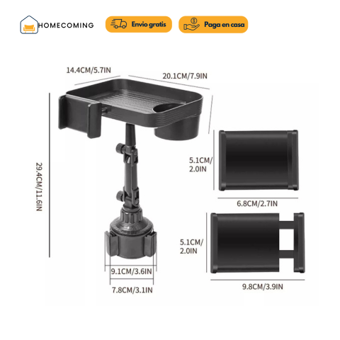 DriveMate 360® Bandeja con portavasos y holder de celular.