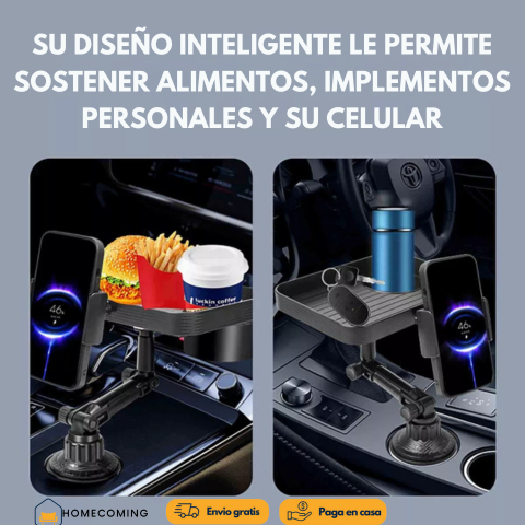 DriveMate 360® Bandeja con portavasos y holder de celular.