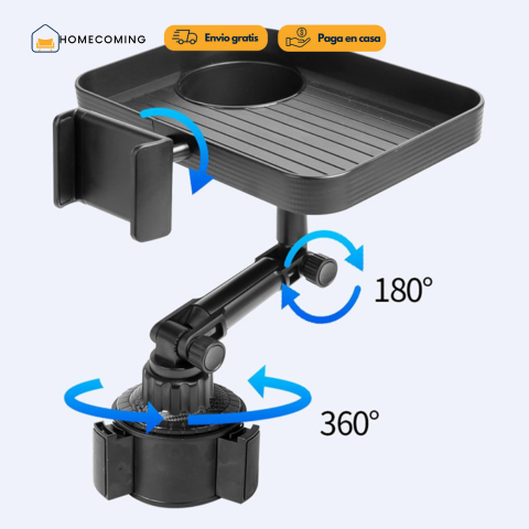 DriveMate 360® Bandeja con portavasos y holder de celular.